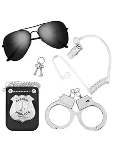 Police Pretend Costume Set - 4PCS Police Cosplay Accessories Pretend Play Toy Spy Costumes with Handcuffs, Ear Piece, Badge, Glasses Sunglasses for Halloween Role Play Costume