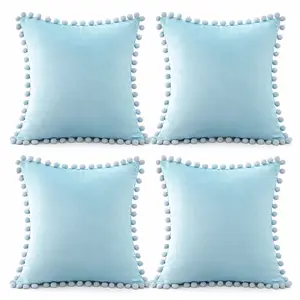 Modern Pom Pom Throw Pillow Covers, 18x18 in Set of 4, Decorative Cushion Cases for Living Room, Bedroom