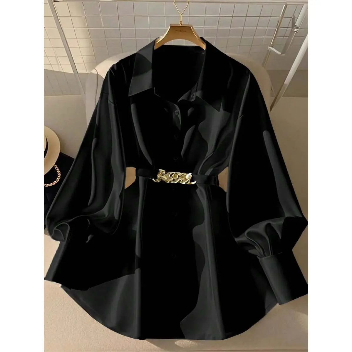 Women's Metallic Embellished Fit Long Sleeve Shirt - Button-Front, Lantern Sleeves, Oversized, Belted, Comfortable Elastane-Polyester Blend Casual Blouse for Sports & Outdoor Use, Shirts, Longsleeves