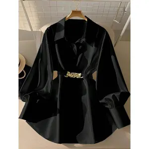 Women's Metallic Embellished Long Lantern Sleeve Button-Front Blouse - Lady's Comfortable Fabric Fit Casual Sports & Outdoor Top