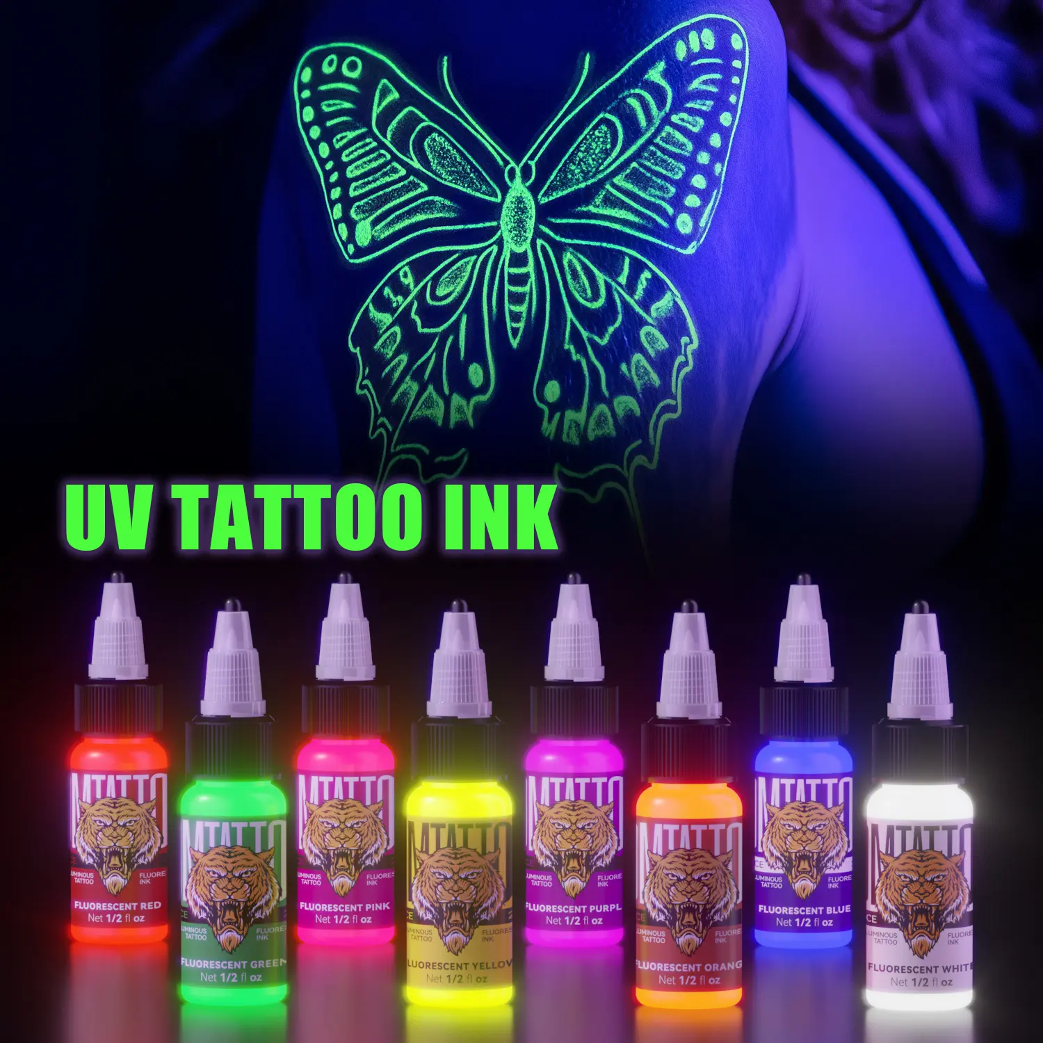 Professional DM Fluorescent Tattoo Ink 15ml 8pcs Set Purple UV Ink Tattoo Body Pigment Non-toxic Plant Extract for Body Art