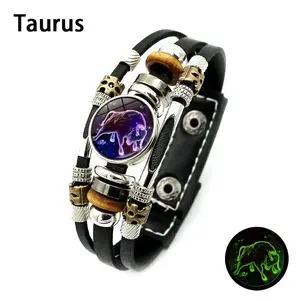 Veliora Glow-in-the-Dark Genuine Leather 12 Zodiac Bracelet, Adjustable 6.9in-8.1in Strap, Vintage Wrap Design Constellation Horoscope Jewelry, Ideal Gift for Astrology Enthusiasts (Unisex), Y2K