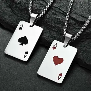 Unisex Artificial Gemstone Poker Card Unique Pendant Necklace, Red Heart Design, A-Shaped Box Chain & Link, Unisex Appeal Jewelry Accessory