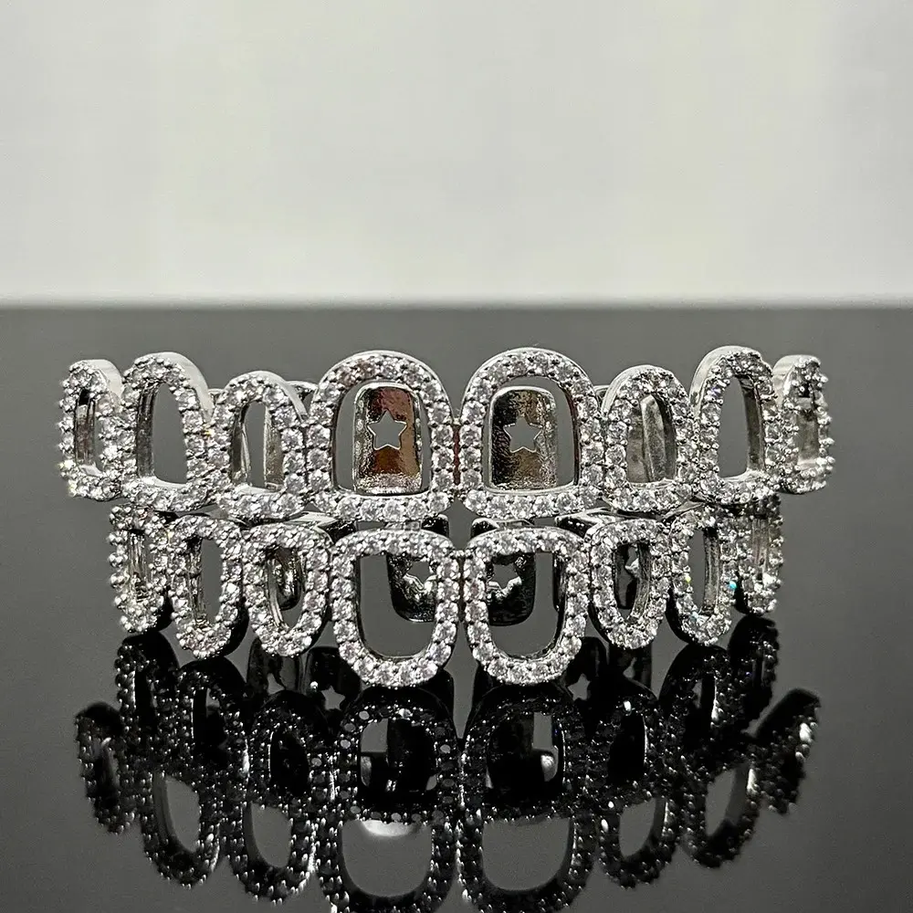 Hip Hop 8/8 CZ Stone Full Hollow Teeth Caps Braces Top Bottom Shiny Zircon Tooth Grillz For Women Men Dental Jewelry