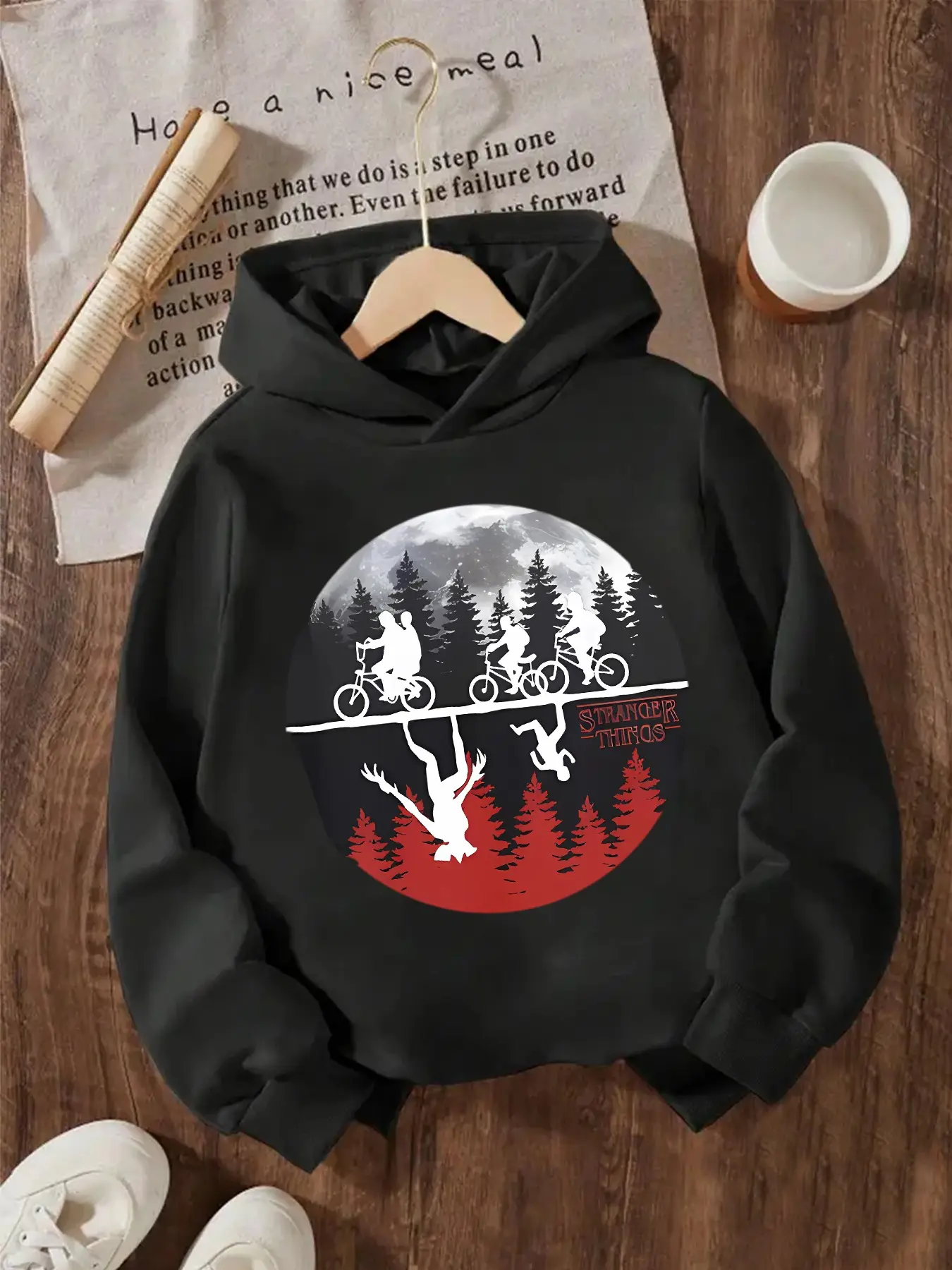 New Spring And Autumn Children's Clothing, Boys And Girls' Creative Hooded Sweatshirts, Cartoon Print Hoodie, Graphic Print Pullover, Stranger Things Inverted World Print Tops, Trendy, Casual Daily Wear, Ideal Gift Choice