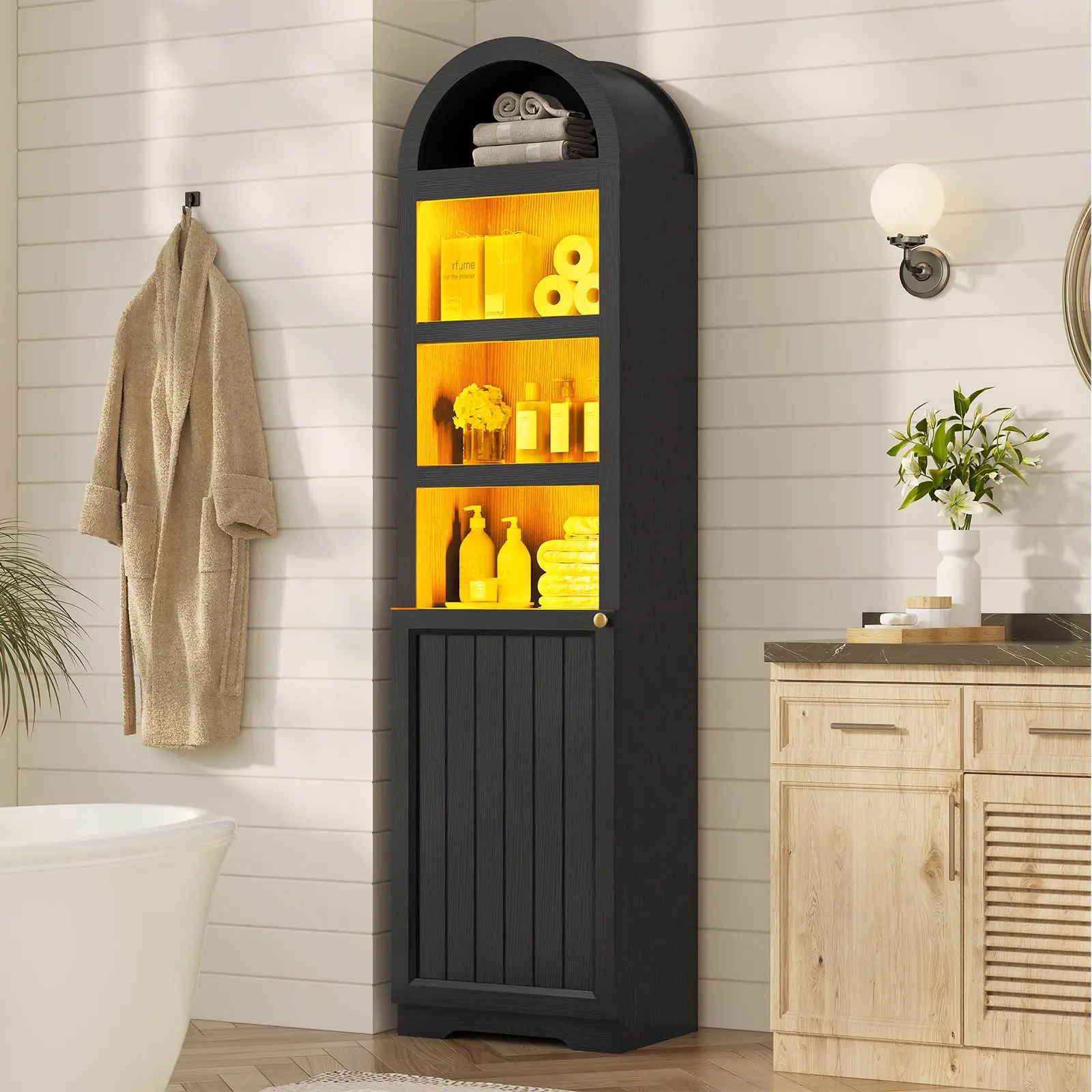 72" Tall Arched Narrow Bathroom Storage Cabinet with LED Lights, Slim Storage Cabinet with Adjustable Shelves, Space Saving 7 tier Organizer, Black