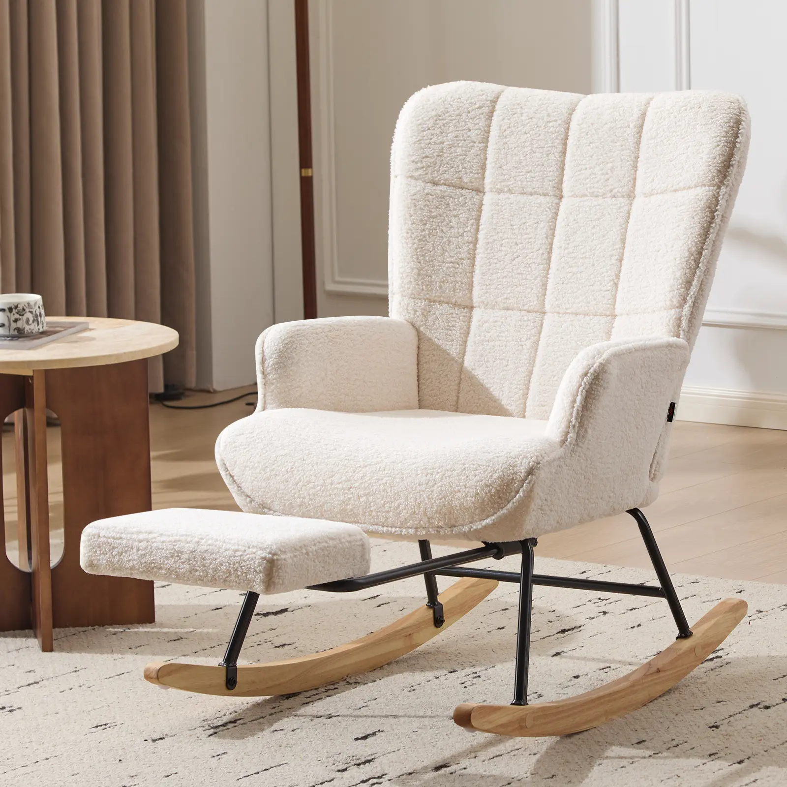 Nursery Rocking Chair Modern Armchair Upholstered Glider Rocking Chair Accent Chair with Retractable Footrest Reading Chair with High Backrest Solid Wood Base for Bedroom, White, Teddy