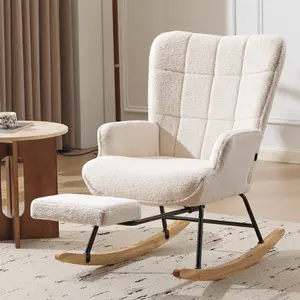 Nursery Rocking Chair Modern Armchair Upholstered Glider Rocking Chair Accent Chair with Retractable Footrest Reading Chair with High Backrest Solid Wood Base for Bedroom, White, Teddy