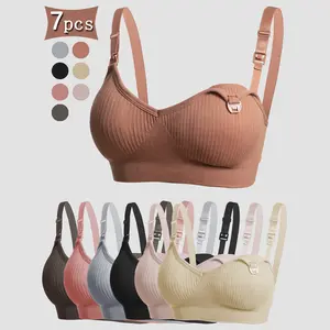 7 PCS Ribbed Nursing Bras for Breastfeeding, Maternity Wireless Bras with One-Handed Clasp, Adjustable Straps, Postpartum Daily Wear Essentials, Pregnancy Must Haves,summervibes