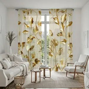 2-Piece Set, Luxury Golden Leaf Pattern Modern Minimalist Design Elegant Rod Bag Type Transparent Curtain Translucent Screen Stylish Home Decoration Suitable for Multi-Room Living Room Bedroom Study Home Decoration Durable Window Covers.