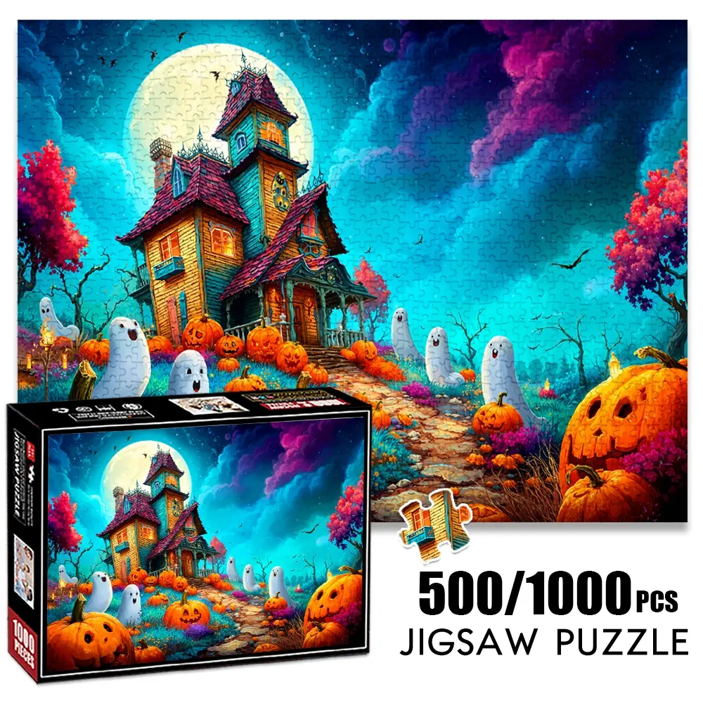 1pc 1000 piece adult puzzle 70x50cm Haunted House with Ghosts and Pumpkins Under Full Moon 500 pieces paper jigsaw puzzle suitable for DIY creative games for adults and families, birthday and holida