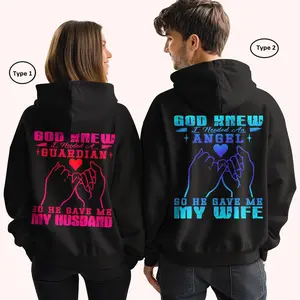 Wife And Husband, God Knew I Need Hoodie for Couple Graphic Hoodie Casual Streetstyle Fleece Fabric Pullover Hooded Sweatshirt Trendy Tops Oufits