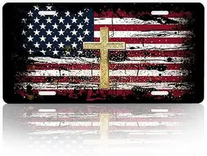 American Flag with Gold Cross Christian License Plate – Customizable Decorative Aluminum Car Tag or Wall Sign - 12"x6", Pre-Drilled, Easy Install
