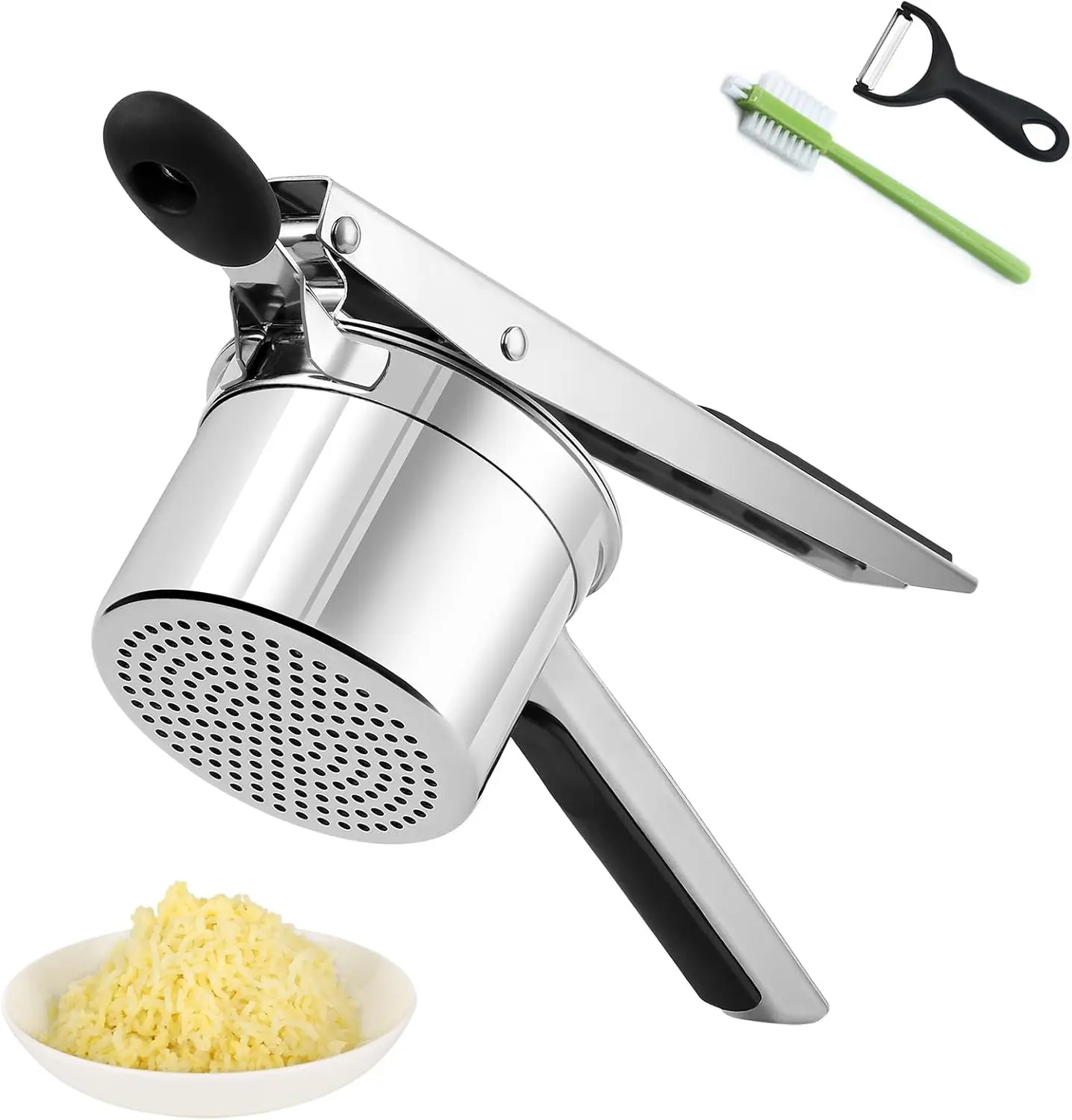 Stainless Steel Potato Ricer - 15oz Sturdy Large Kitchen Tool with Basket, Silicone Peeler, Heavy-Duty Press for Perfect Mashed Potatoes, Fruit Prep, Spaetzle Noodle Maker