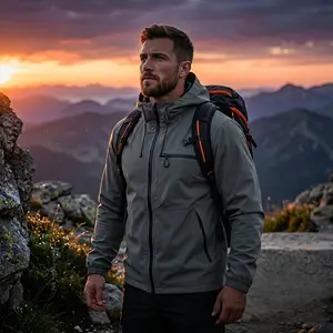 men softshell waterproof windproof hooded jacket with drawstring, sporty casual style, large front pocket, side zip closure, fall   top , back-to-school season outfit, long-sleeve for spring/autumn outings Longsleeves jackets zip up,large fron