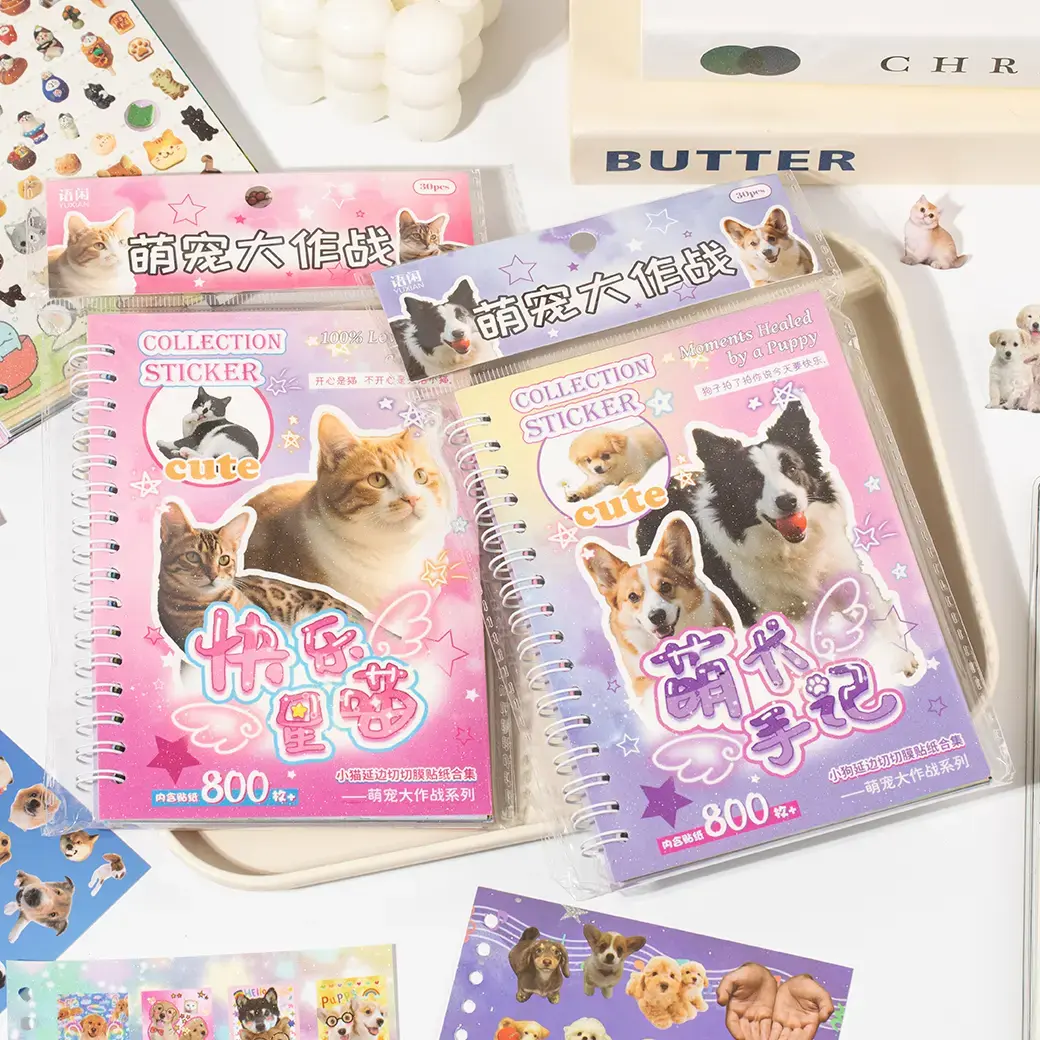 Cute Adhesive Colorful Paper Sticker Book for Cats & Dogs - 30 Sheets, 800+ Stickers, Scrapbooking, Journaling, DIY Crafts, Cute Stickers, Adhesive Stickers Stickers