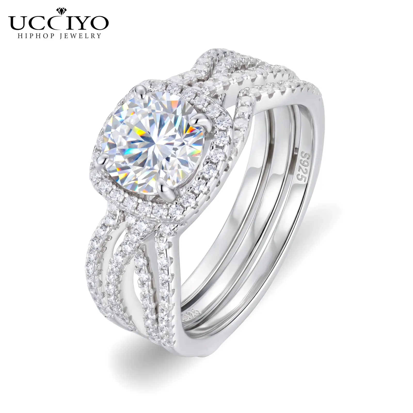 UCCIYO 2PCS S925 Sterling Silver Lab-Created Round Moissanite Bow Halo Promise Ring Set for Women, Stackable Bridal Ring Guard，1.2CT Look Round Cut Promise Ring, Sparkly Anniversary Wedding Gift Jewelry  summerwins【#R638】