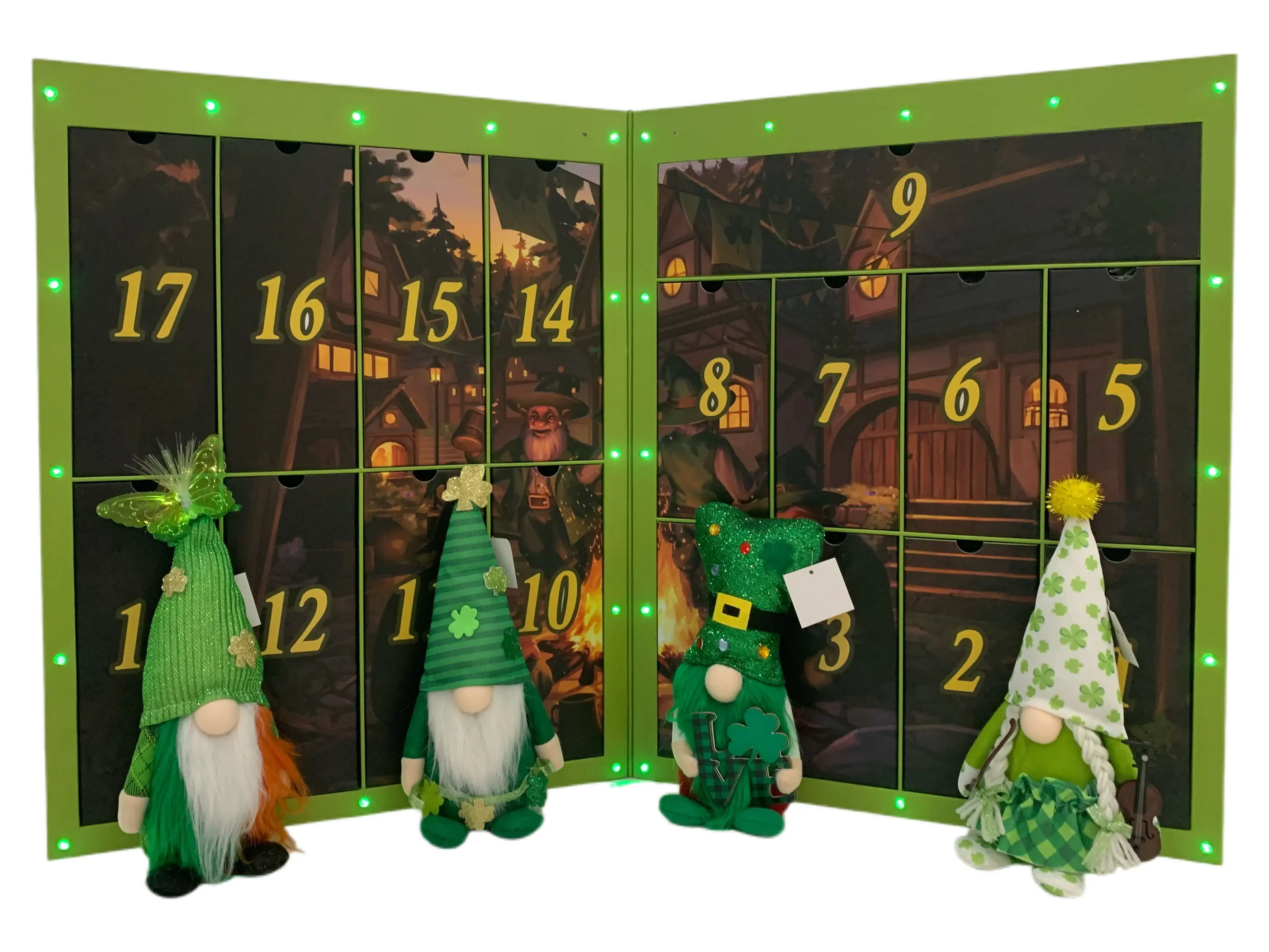 Limited Edition St. Patrick's Day Gnome Countdown Statue Set - 17 Handcrafted Gnomes, Magical LED Lights Gift Package with Gift Box Design, Irish Home Party Decor Keepsake