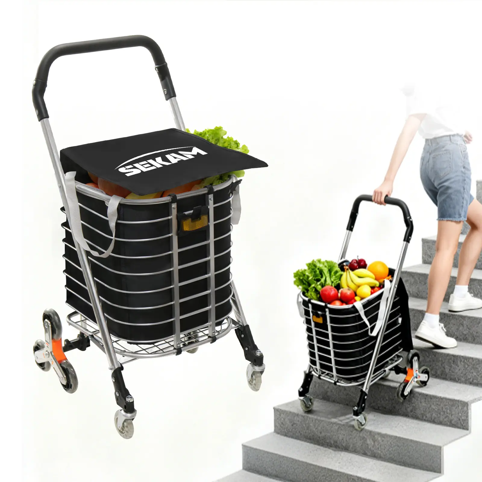 SEKAM Heavy-Duty Collapsible Foldable Wagon - Tri-Wheel Stair Climber Rolling Storage Cart Trollies with 360° Swivel Wheels, Ideal for Seniors' Shopping, Laundry