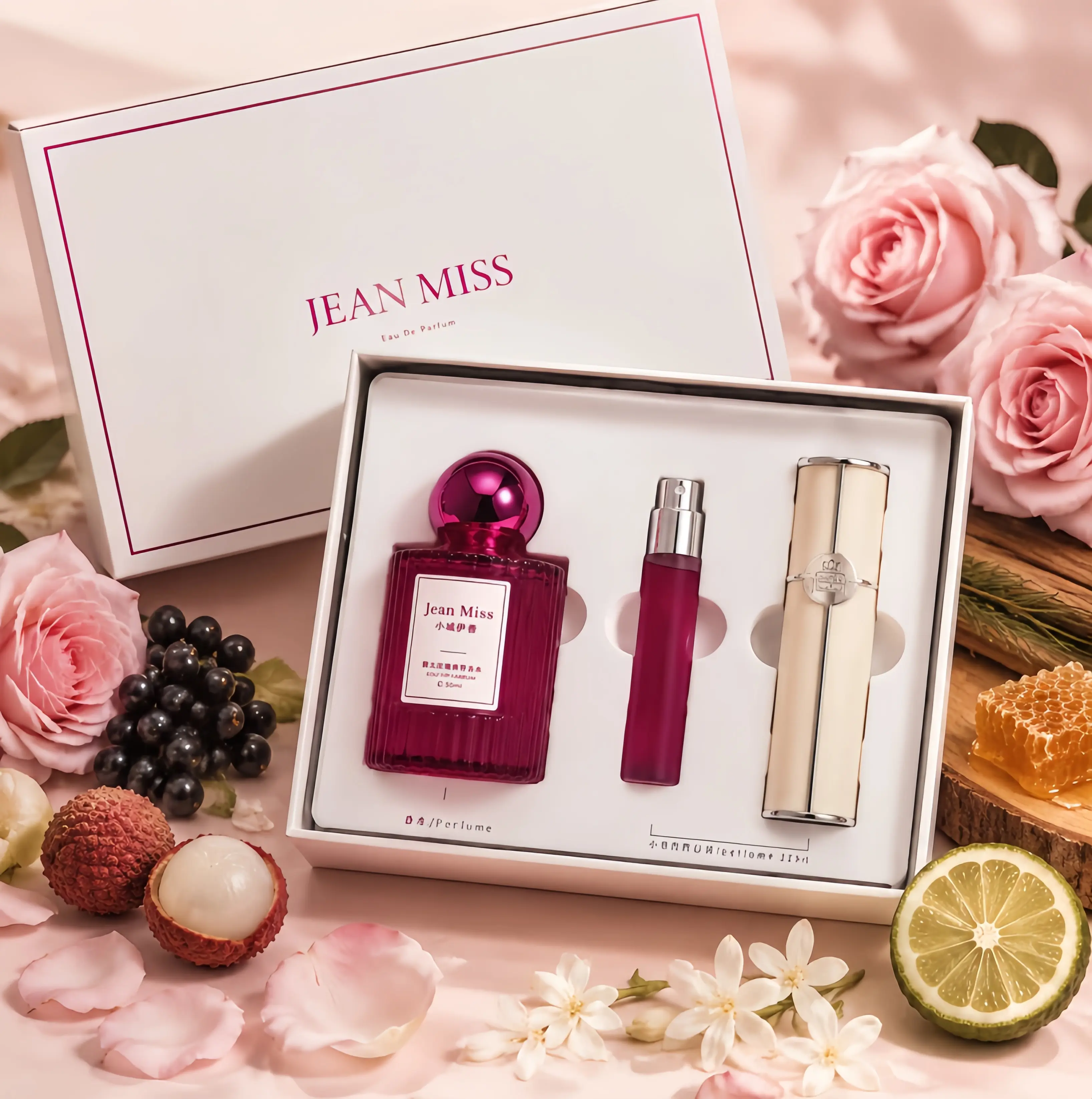 JEAN MISS Rose Perfume Gift Box Set (50ml+12.5ml) - Rose Blend Soft Florals Fragrance with Litchi, Bergamot & Musk Notes, Portable Travel Spray, Long-Lasting Sweet Scent for Daily Wear, Date Night
