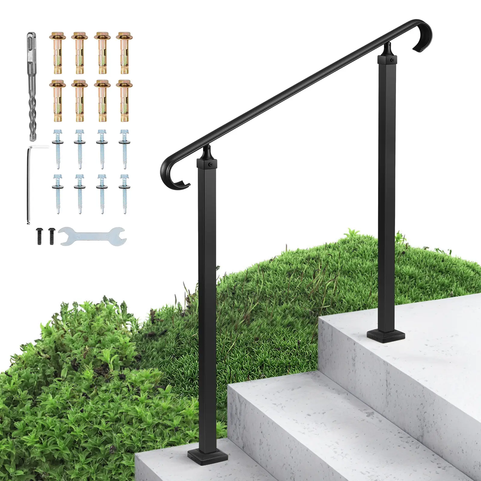 【Summerfinds】VEVOR Carbon Steel Outdoor Handrail 1 Set (2-3 Steps), Matte Black Adjustable Height Transitional Railing with Complete Easy Installation Kit, Comfortable Grip, Supports 220lbs for Concrete/Wooden Stairs, Fathersday Home Improvement Accessory