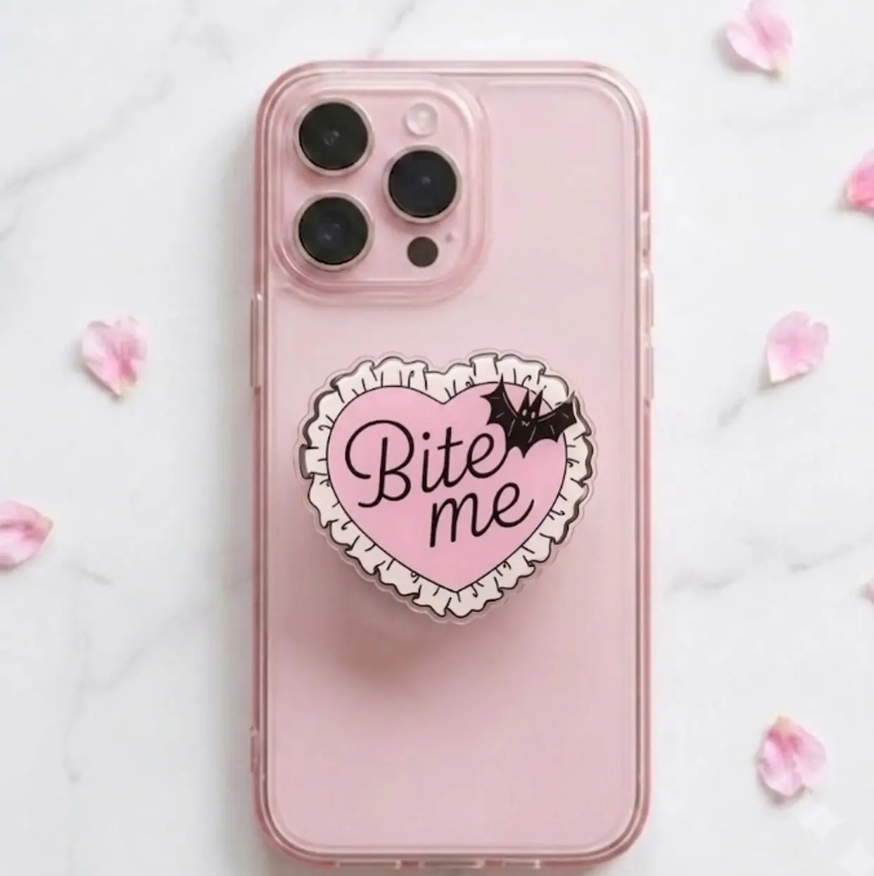 Cute Bite Me Heart Phone Grip | Kawaii Pink Ruffle Heart PopSocket | Spooky Gothic Bat MagSafe Phone Holder