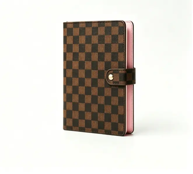 A5 Checkered Print Luxury Brown PU Leather Refillable Planner Notebook - Snap Button, Pink Lining, Portable Paper Schedule Book for Office Travel, Mother's Day & Christmas Gift for Women, Diary