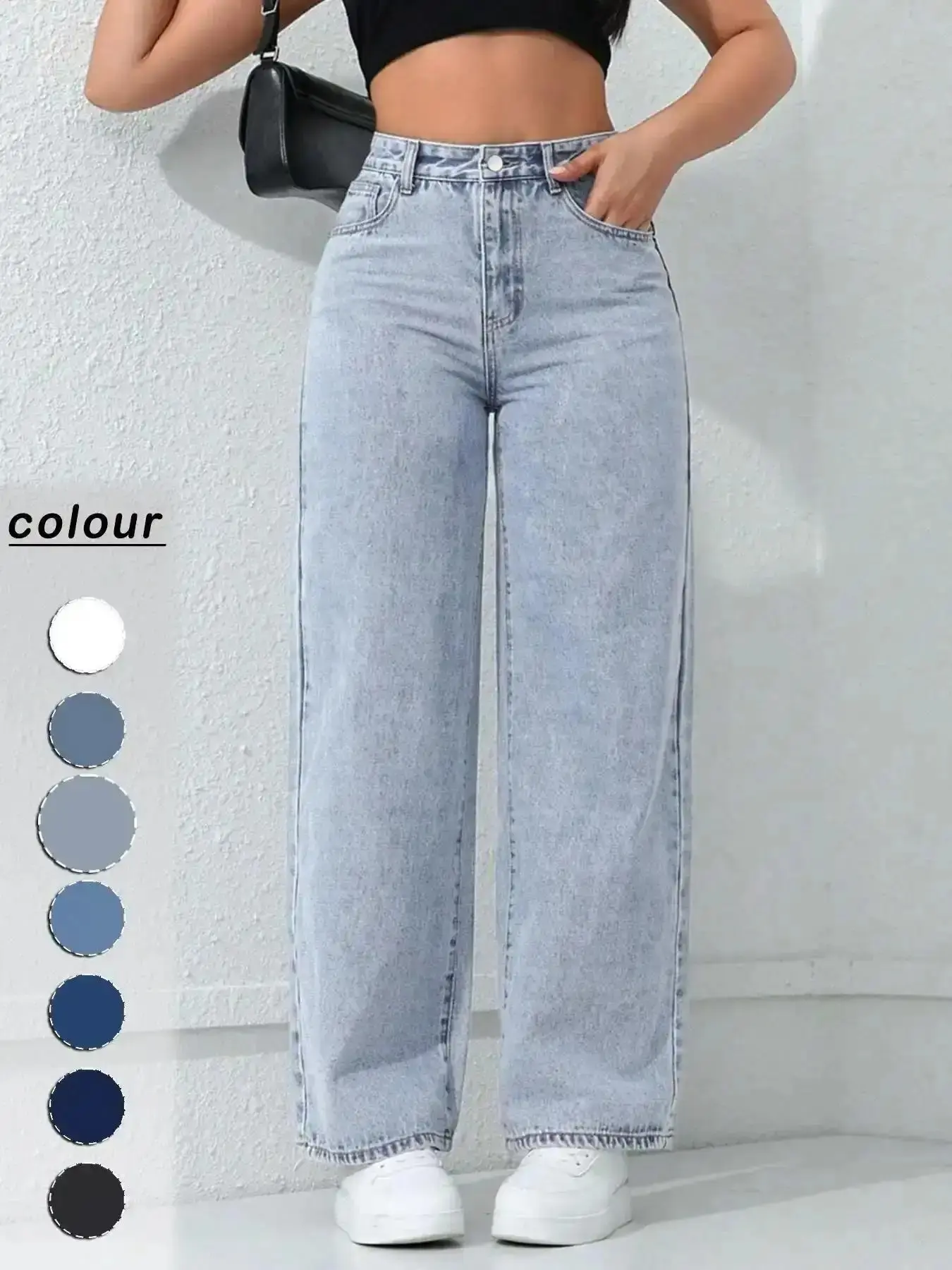 Spring Summer New Women's Pants Light Blue High Waist Elastic Denim Jeans Casual Vacation Daily Versatile Wide Leg stretchy denim comfort stretch classic straight leg everyday essential easy fit urban style soft fabric