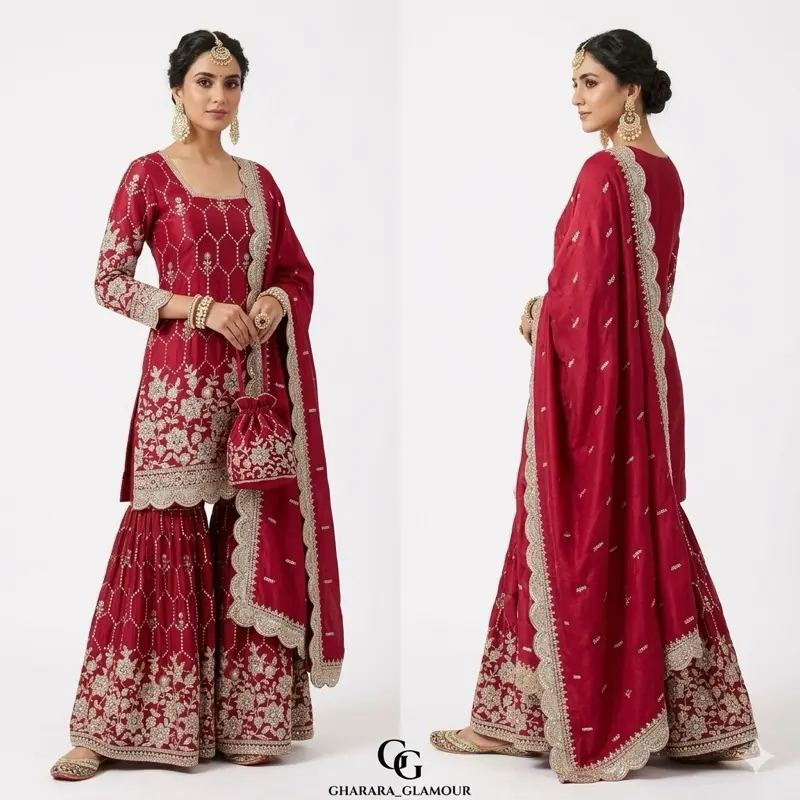 Women's Original Indian Mirror Work Sharara Clothes - Red Traditional Casual Summer Dress with Intricate Embroidery, Matching Accessories