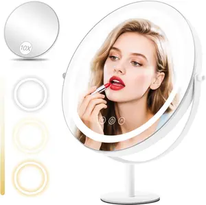 Makeup Mirror with Lights, Lighted Makeup Mirror with Magnification, 1x/10x, Large Round Vanity Mirror with Stand, 3 Color Modes, Brightness Adjustable, Smart Touch Control, 13 Inches Diameter
