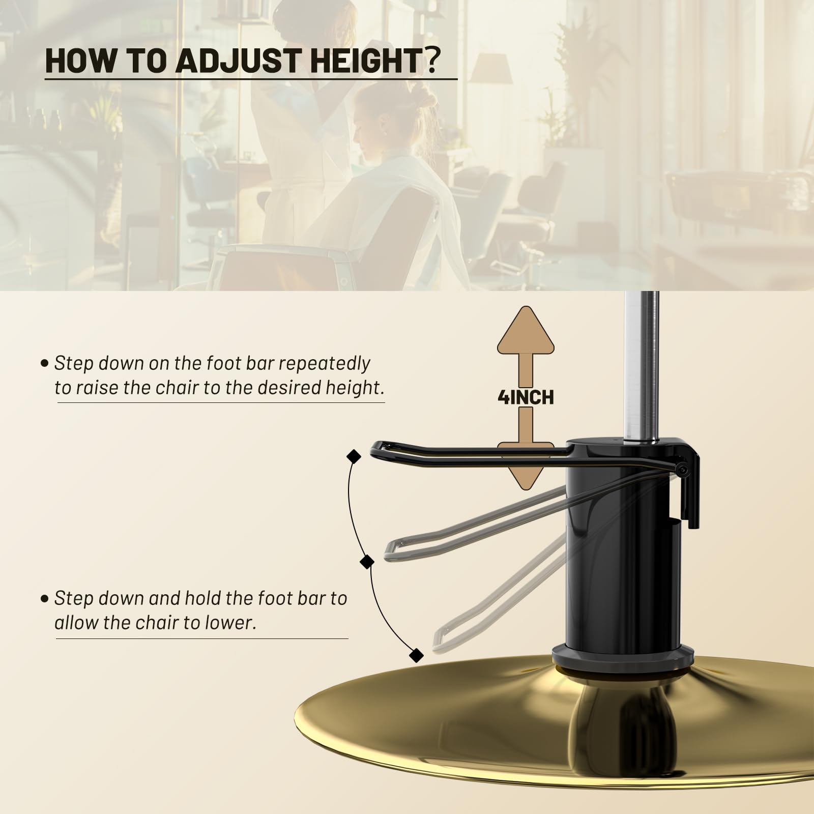 Reclining Salon Chair with Hydraulic Pump and 360° Swivel is a barber chair for hair stylist tattoo lash makeup braiding in black and gold