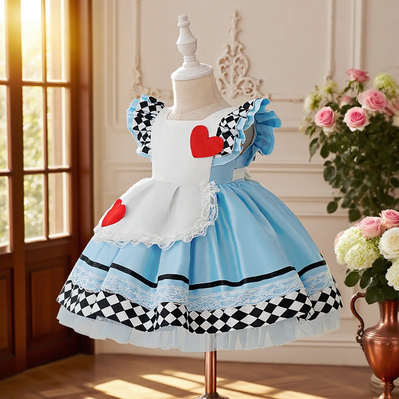 Baby Clothes Girl Alice in Wonderland Costume, Cute Princess Dress with Pleated Skirt, Floral Print & Lace Trim for Performance Events, Cute Costumes For Girls