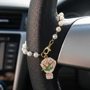 Handheld Flower Pendant, Floral Steering Wheel Charm, Fashion Round Pearl Chain, Car Rearview Mirror Accessory, Bag Keychain, Gift for Her