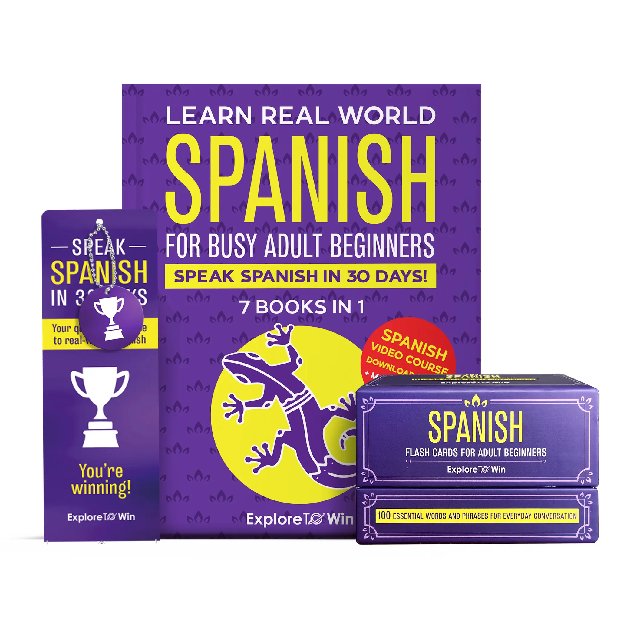 Learn Real-World Spanish for Adult Beginners: 7 Books in 1 + 100 Flashcards + Bookmark: Speak Spanish In 30 Days!