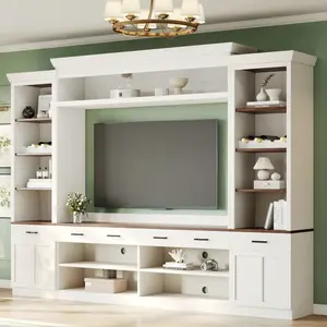 ON-TREND Farmhouse 4-Piece Entertainment Wall Unit Set with Bookshelf for TVs Up to 70", Walnut TV Stand with Adjustable Shelves, Mid-Century Large Media Console with Wine Rack for Living Room, White(High end and high-quality)