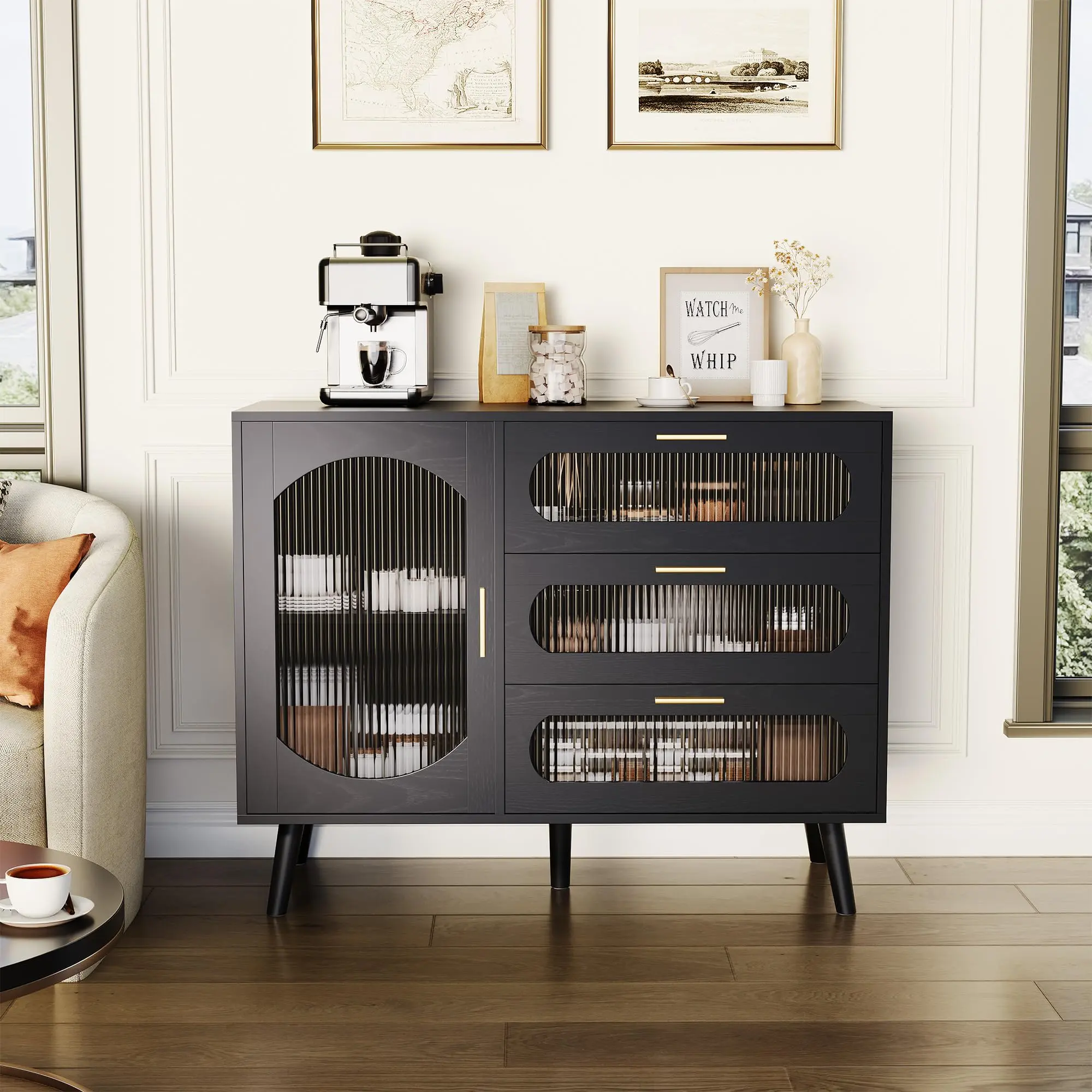 Modern Fluted Glass Sideboard Cabinet - Three Drawers & Glass Doors - Matte Black Dining Room, Kitchen or Living Room Storage