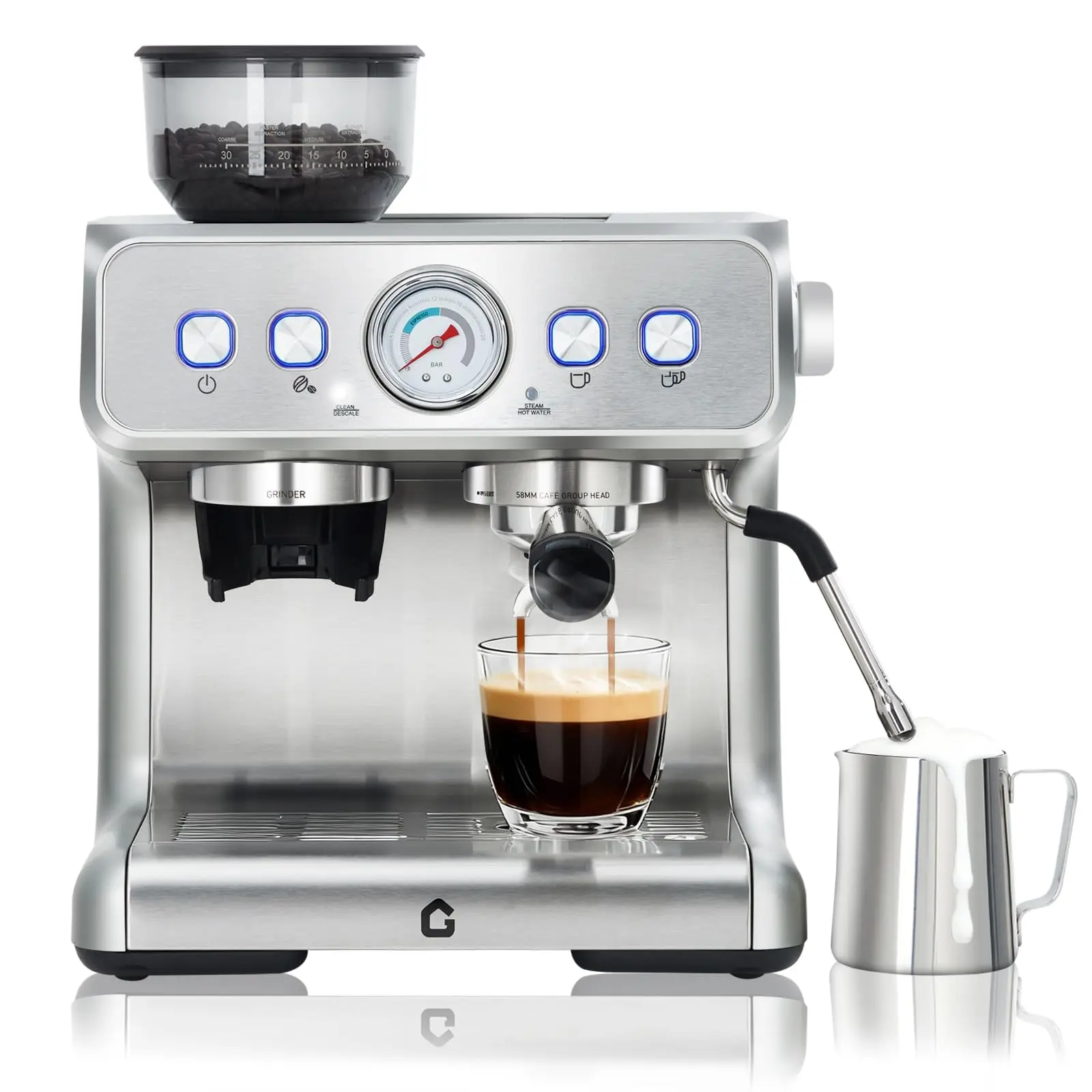 Stainless Steel Espresso Machine with Grinder and 20 Bar Pressure, 2.8l Removable Water Tank, Milk Frother Steam Wand for Latte and Cappuccino, Adjustable Shot Volume,Silver/Black, Ideal Christmas Xmas Birthday Gifts for Women Men Friends Father's Day