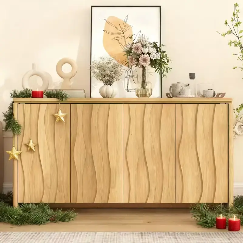 [Summergarden] Vabches Wooden Sideboard Buffet - Modern Accent Cabinet, 4-Door Storage Cabinet, Credenza for Living Room, Hallway Use, Natural Finish