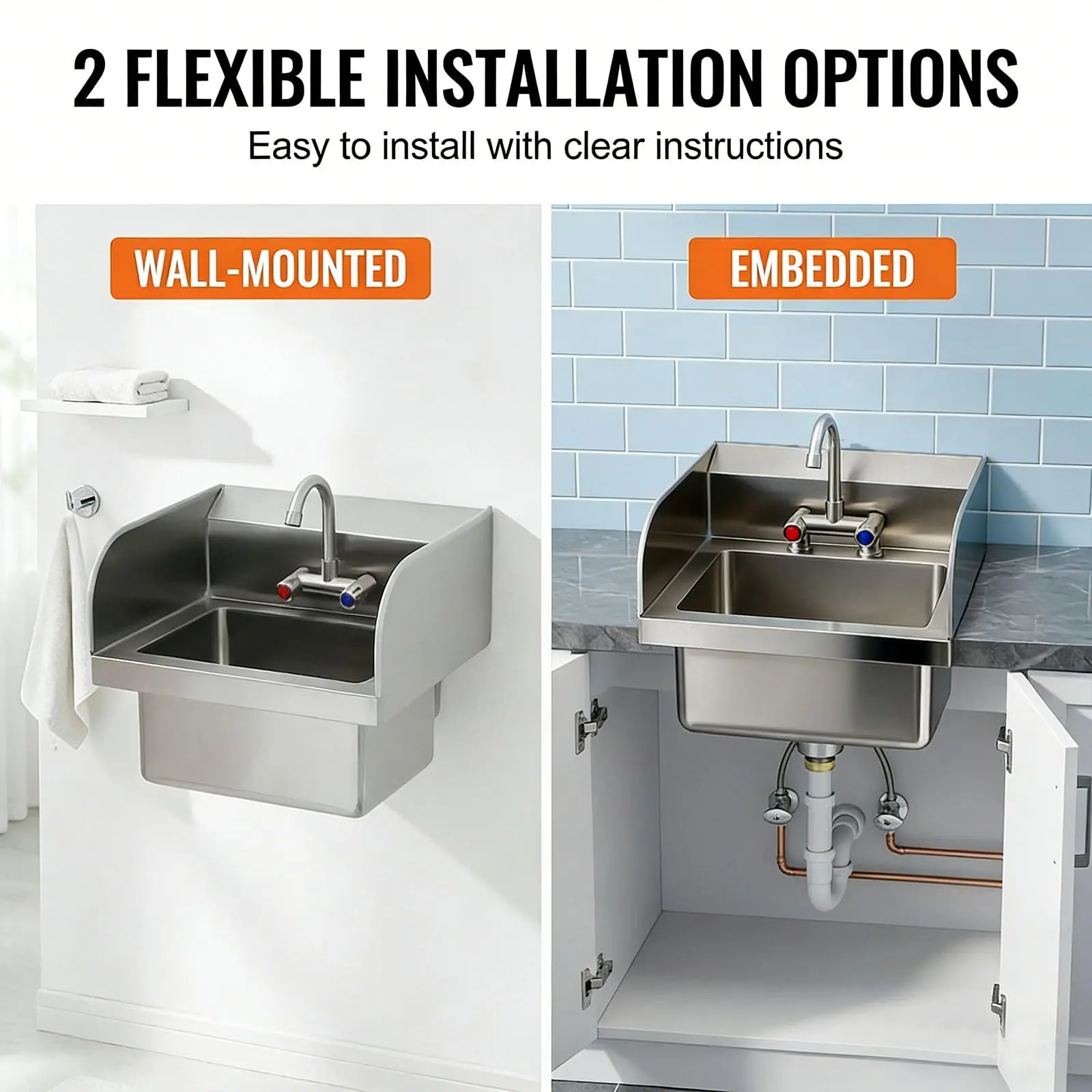 Commercial Stainless Steel Hand Sink with Swivel Faucet, Wall Mount or ...