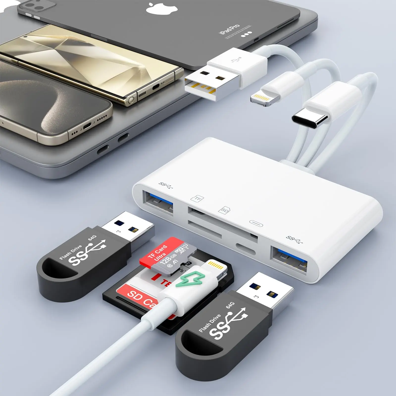 5-in-3 Memory Card Reader USB OTG Adapter SD Card Reader for iPhone iPad USB C & A Devices Micro SD SDHC SDXC MMC Slots