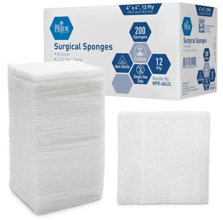 MED PRIDE 4”x 4” Gauze, 200 Surgical Sponges 12-ply Extra Absorbent | All-Gauze, Non-Sterile| Great for Wound Dressing, Prepping, Scrubbing & Cleaning| Essential First-Aid