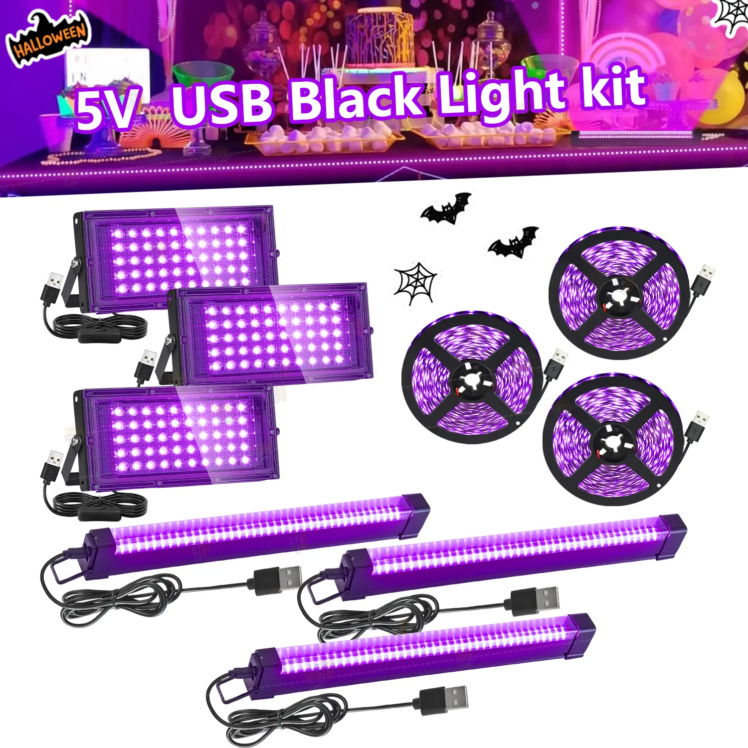 [UV Black Light Set] 50 LEDs UV Floodlight And 40 LEDs Blacklight bar And 2.5m 60LEDs/M Black Strip Light, Suitable for Glowing Parties, Halloween Party, Stage Lighting, Body Paint, Fluorescent Poster, Led Atmosphere Lights, Vibrant Led Lights