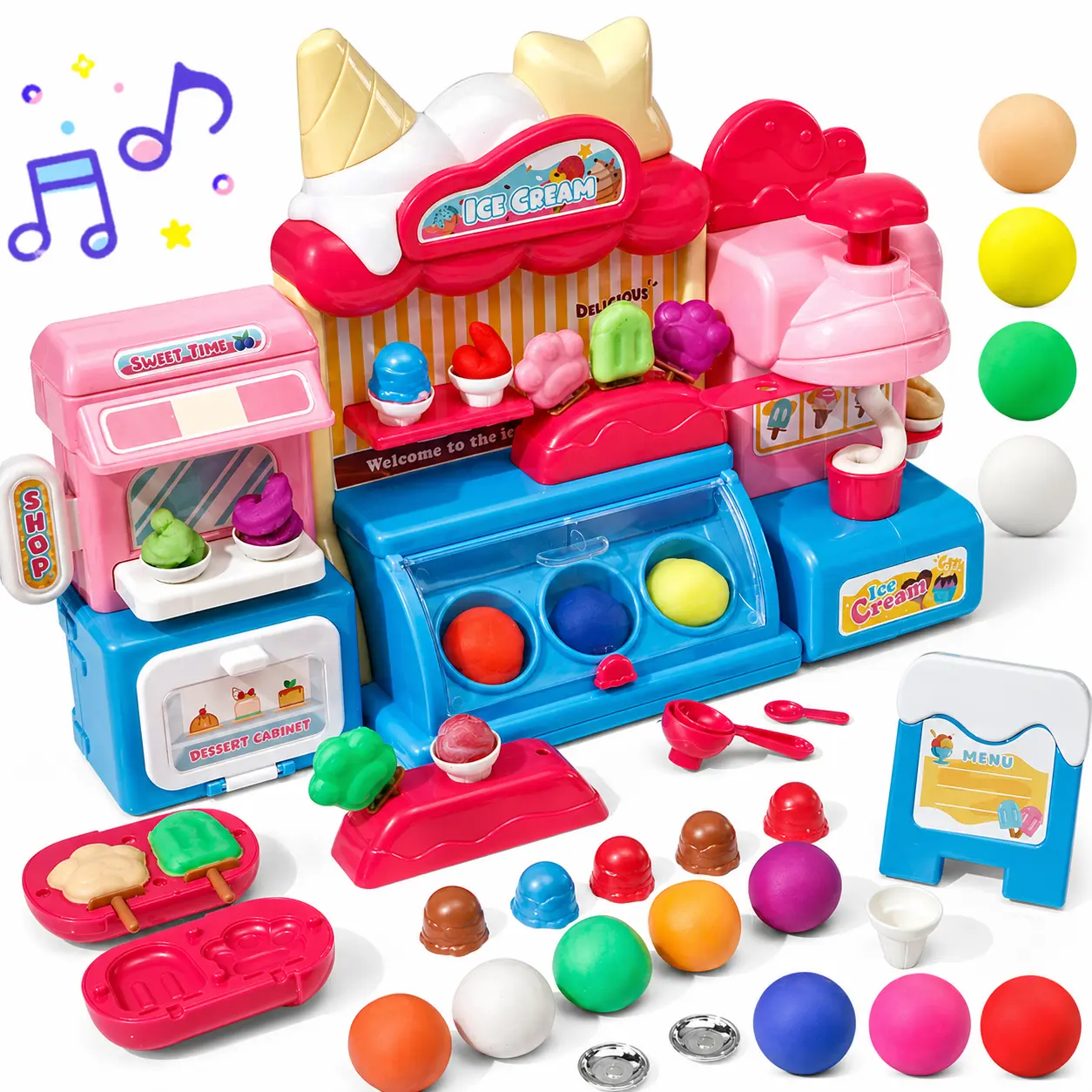 Ice Cream Clay Set for Kids, Pretend Ice Cream Maker & Popsicle Modeling Clay Toy with Molds, Music, Lights & Accessories, Creative DIY Craft Playset for Boys Girls