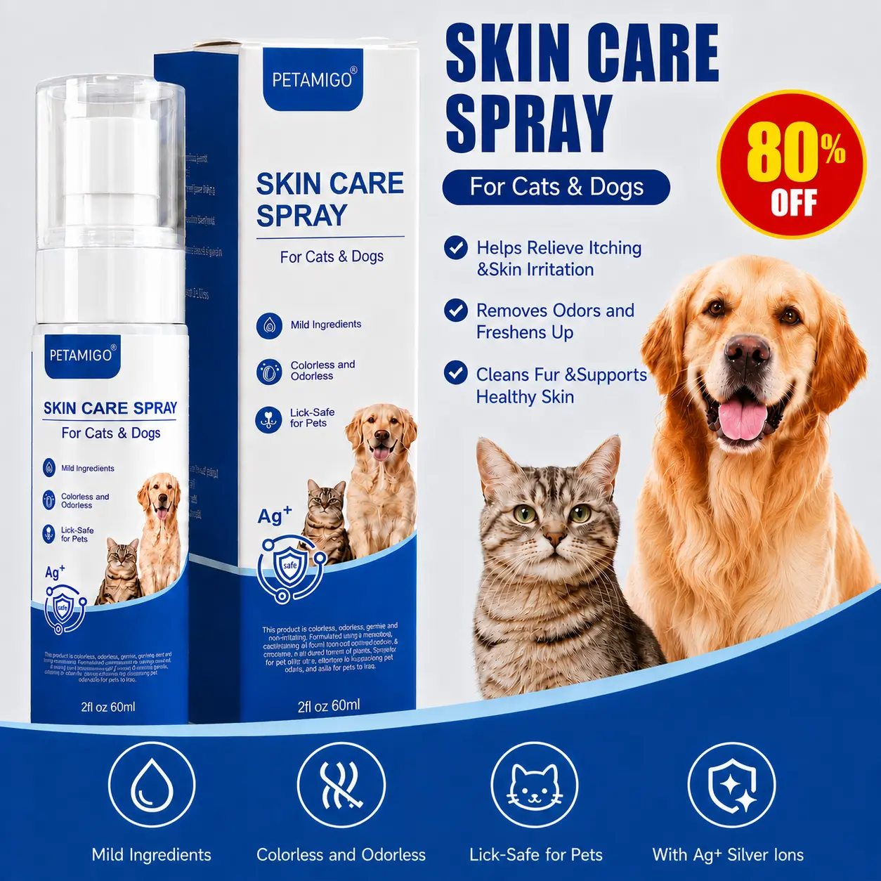 PETAMIGO Water-Based Skin Care Liquid Spray for Dogs & Kitties, Travel Size with Silver Ions, Lick-Safe Antibacterial Deodorizer for Outdoor Play & Walks, Relieves Scratching, Skin Irritation, Eczema, Hot Spots, Fur Cleanser for Puppy Coat Health