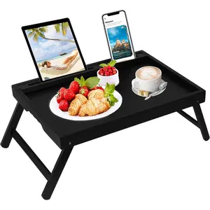 Bed Tray Table with Foldable Legs, Breakfast Trays with Media Slot for Eating on Couch Bed, TV Tray, Kitchen Serving Tray(Black, Medium)