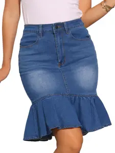 INSPIRE CHIC Women's Knee Length Jean Ruffled Bodycon Denim Skirt Blue