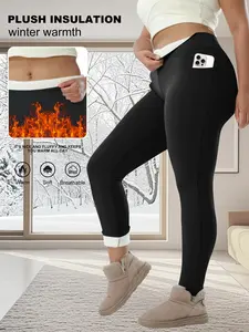 Women's Plus Size Fleece Lined Tight Fit Leggings, Warm Fall Winter Base Layer, Crescent Pocket Design, High Waist High Stretch, Soft Comfort Breathable Fabric