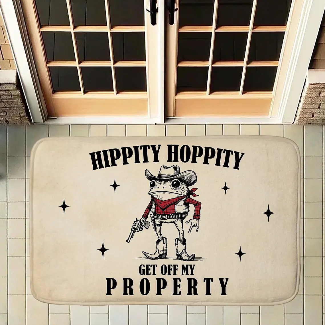 Funny Cowboy Frog Doormat Hippity Hoppity Get Off My Property Welcome Mat Non Slip Absorbent Entrance Floor Rug Meme Quote Area Carpet for Front Door Indoor Outdoor Home Decor Decorative Mats Novelty Foot Pad