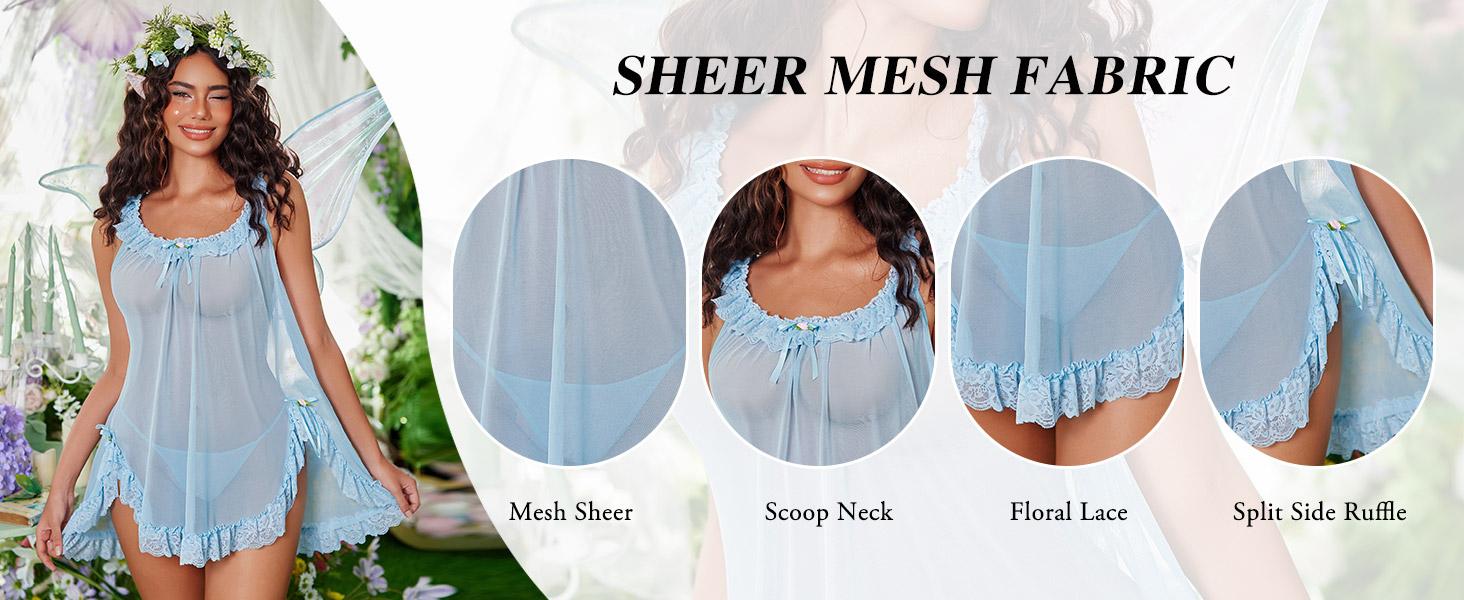 Avidlove Women 2 Piece Babydoll Lingerie Set Sheer Mesh Lace Slip Nightgown | Mesh Babydoll Lingerie Set With Lace Ruffle Slip and Thong.Perfect for Honeymoon,Wedding Night and Bridal Boudoir Shoot
