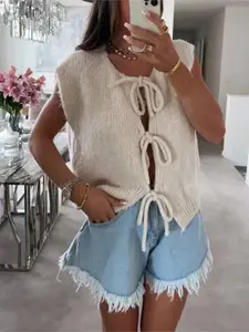 Women's Knitted Vest with Tie Front, Summer Casual Sleeveless Round Neck Sweater, Loose-Fitting Daily Wear Clothing